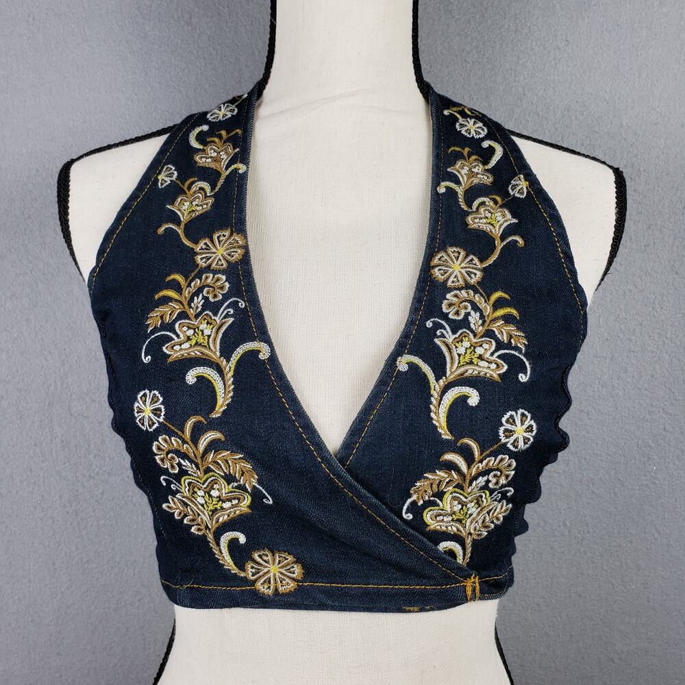 Embroidered Denim Halter Wrap Crop Top Western Cowgirl Rodeo Festival Size S